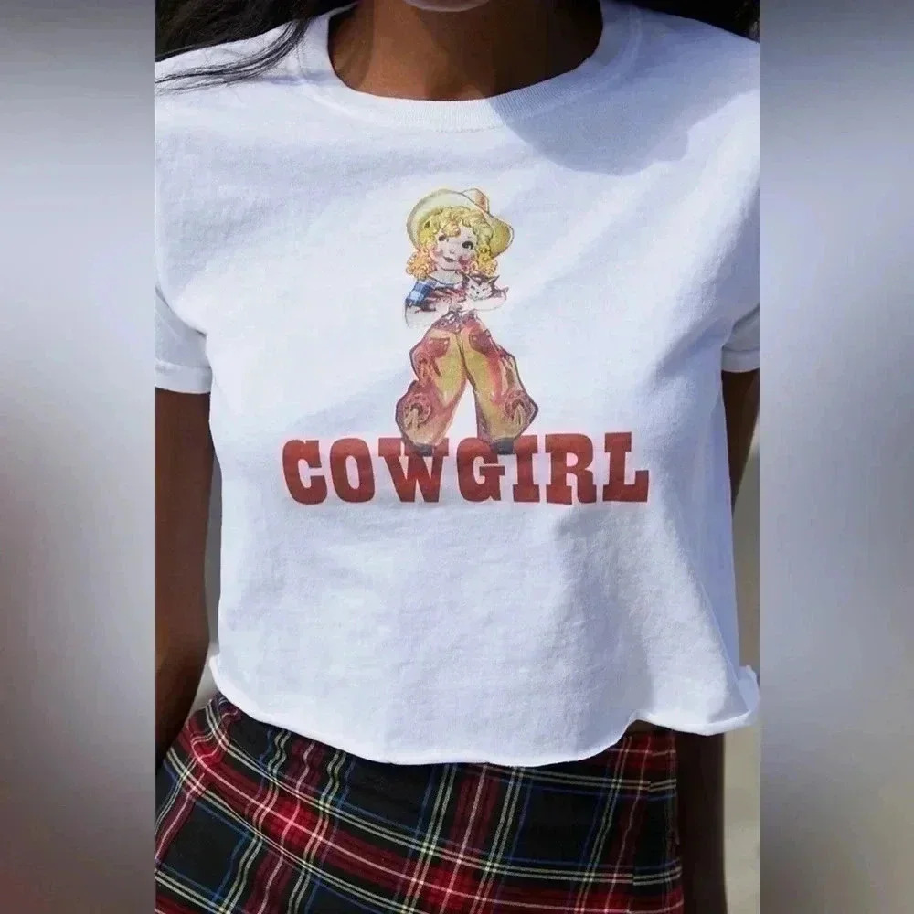 JOHN GALT BRANDY MELVILLE White Cowgirl Crop Top Tee Shirt Cotton Women one size - Picture 11 of 13